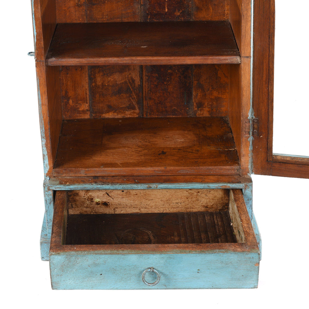 Interior & Open Draw Detail From Painted Teak Glazed Wall Cabinet - Ca 1930 | Indigo Antiques