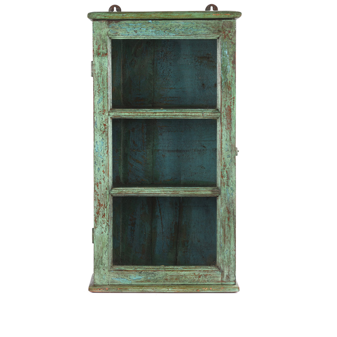 Aqua Painted Teak Glazed Wall Cabinet - Ca 1930 - 38 x 16 x 70 (wxdxh cms) - A6194V1