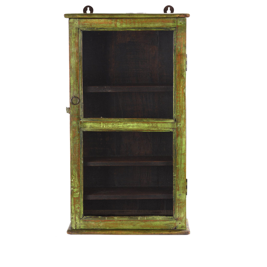 Vintage Green Painted Teak Glazed Wall Cabinet - Ca 1930 - 38.5 x 14.5 x 70 (wxdxh cms) - A6194V2