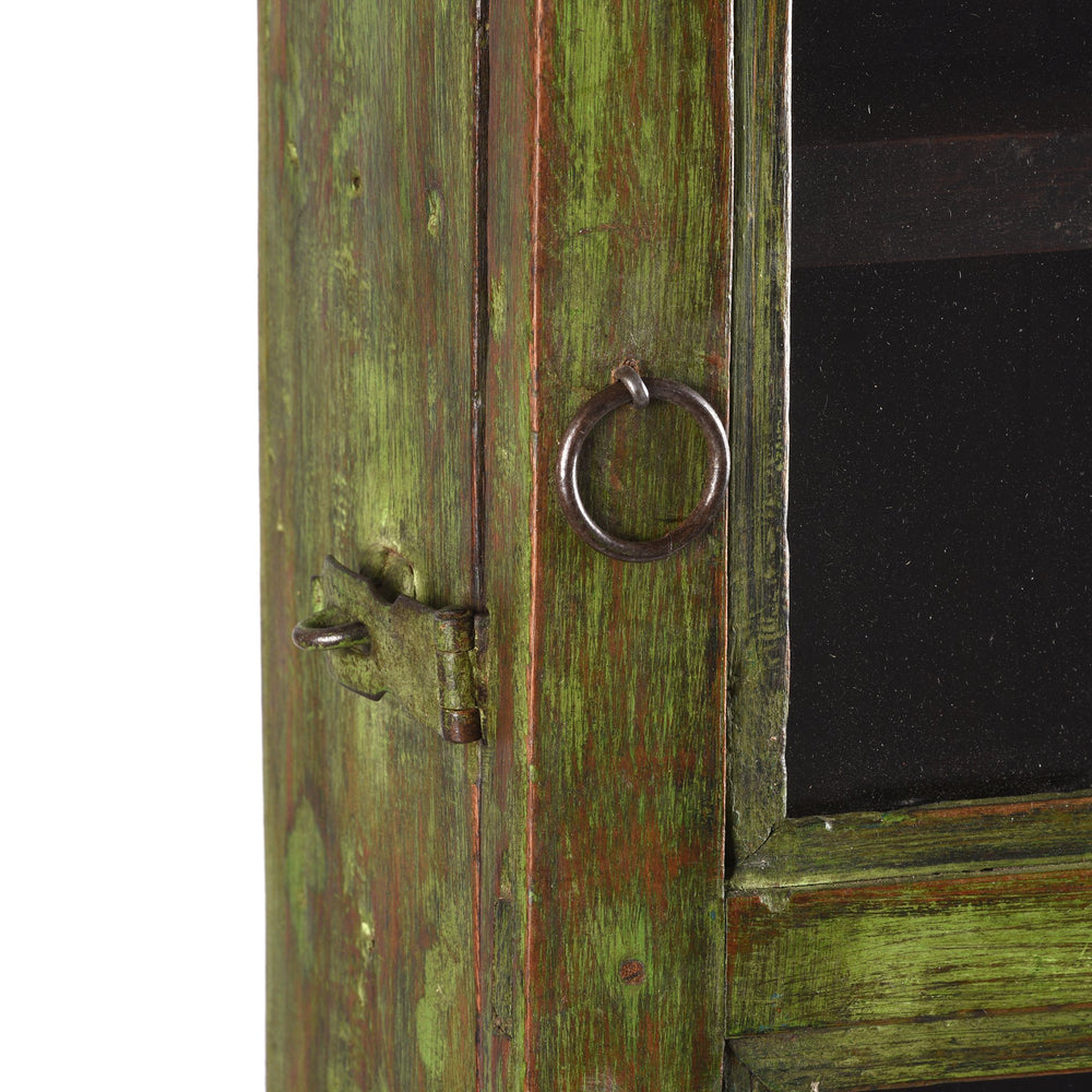 Vintage Green Painted Teak Glazed Wall Cabinet - Ca 1930 - 38.5 x 14.5 x 70 (wxdxh cms) - A6194V2