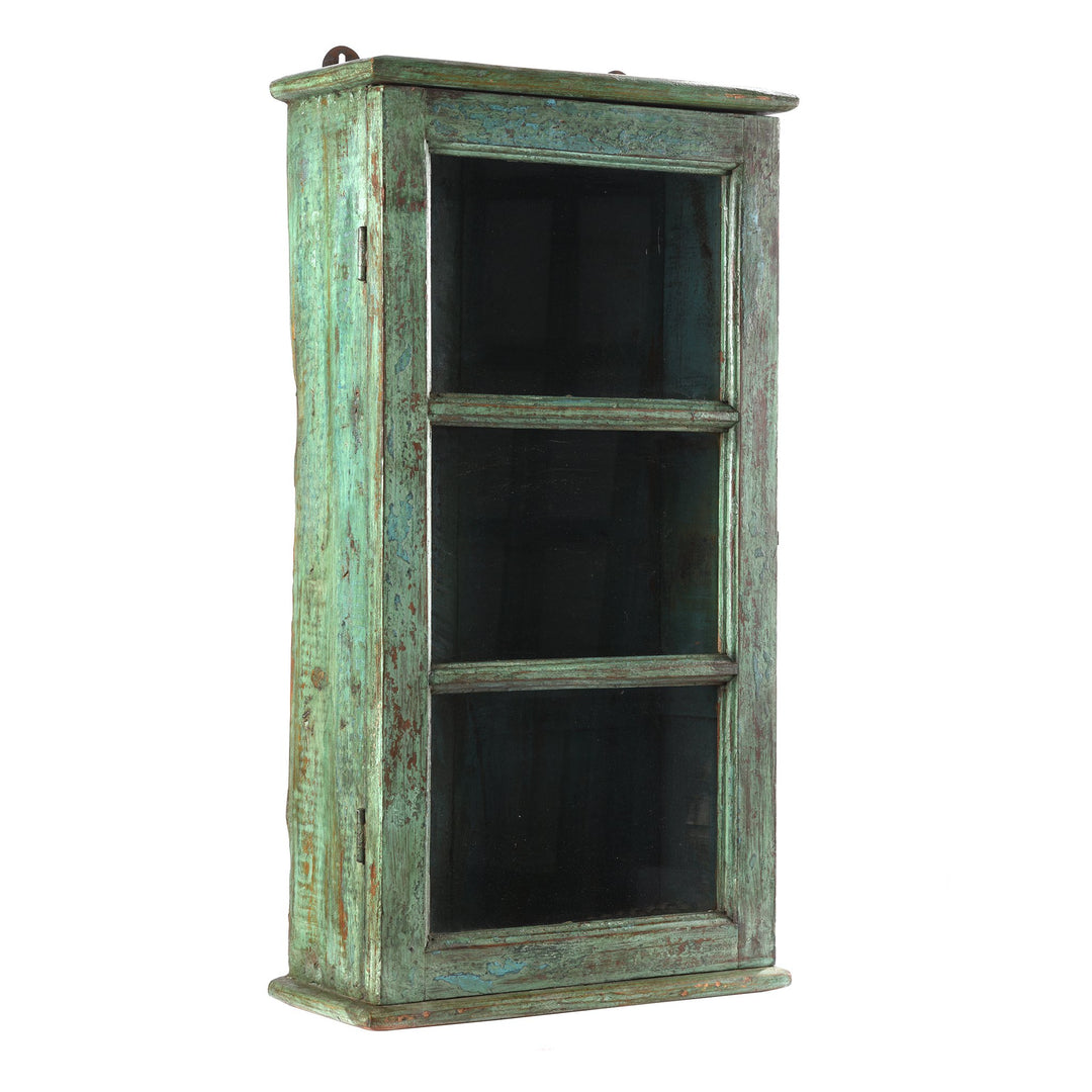 Aqua Painted Teak Glazed Wall Cabinet - Ca 1930 - 38 x 16 x 70 (wxdxh cms) - A6194V1