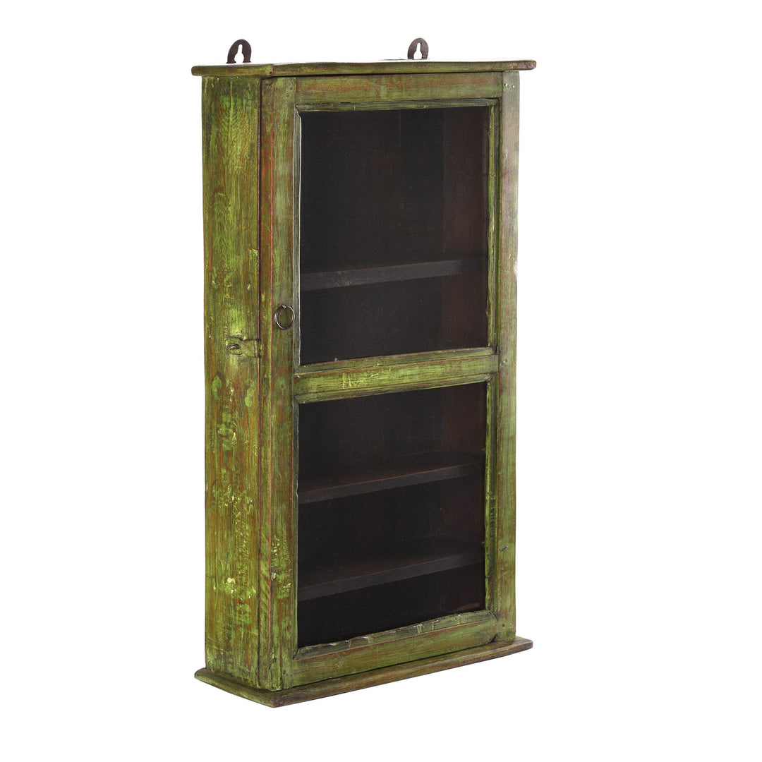 Vintage Green Painted Teak Glazed Wall Cabinet - Ca 1930 - 38.5 x 14.5 x 70 (wxdxh cms) - A6194V2